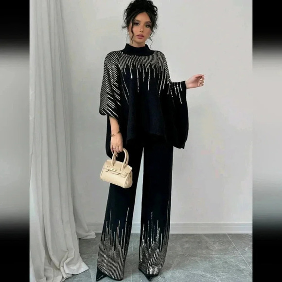 Women's Sequin Patchwork Batwing Sleeve Sweater And Knitted Pants Loose Suit - Picture 6 of 6